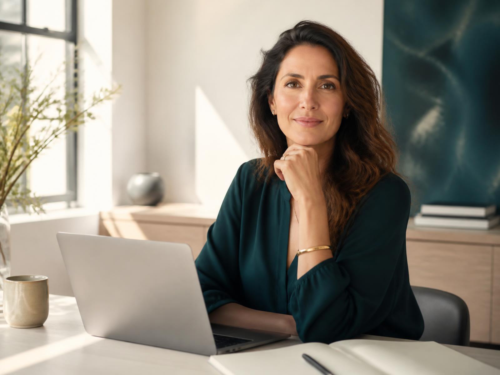 A coach reviewing her client email sequences at a sunlit desk