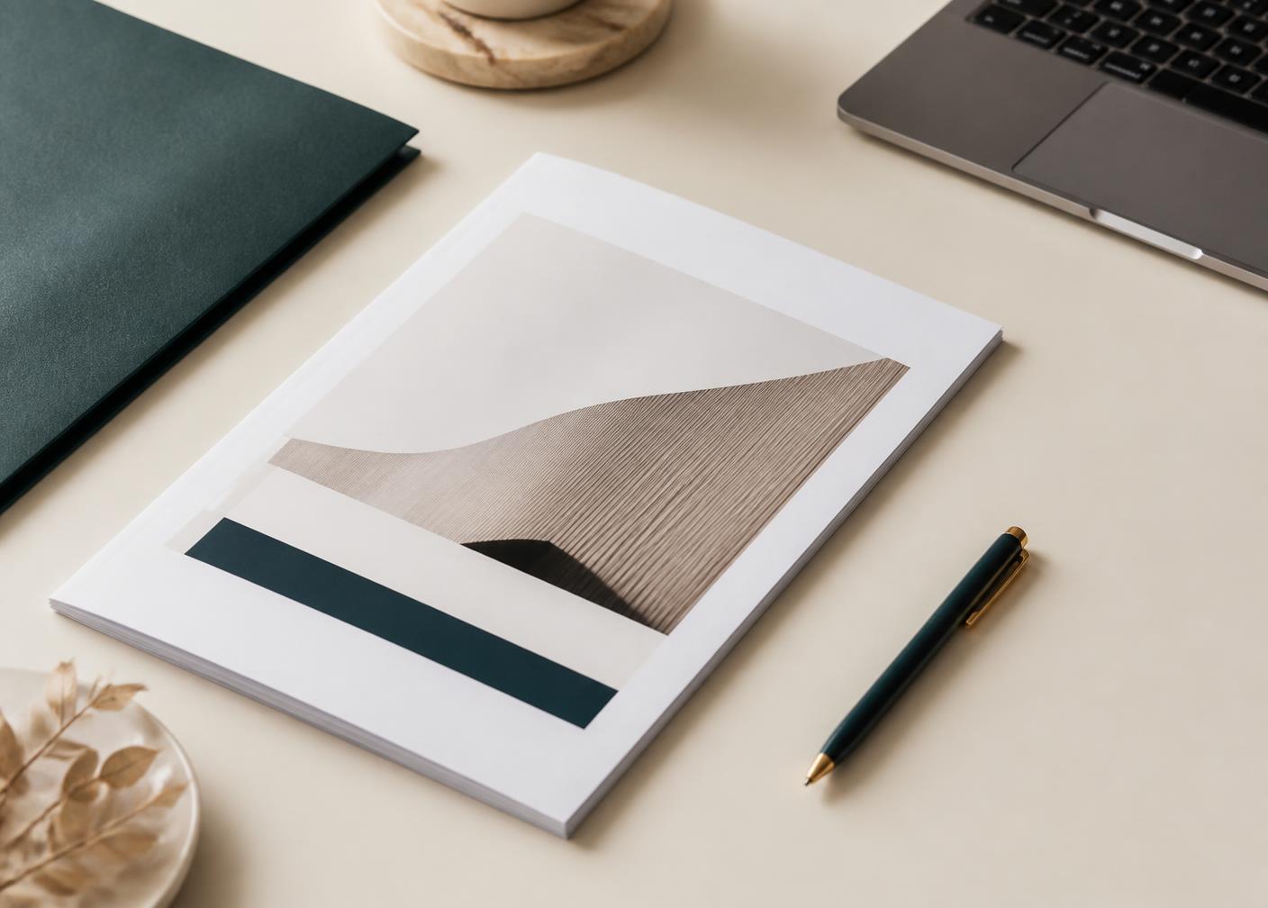A printed client proposal and pen beside a laptop on a bright desk